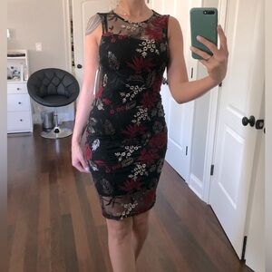 Calvin Klein Sequined Floral Embroidered Illusion Sheath Dress- Size 0